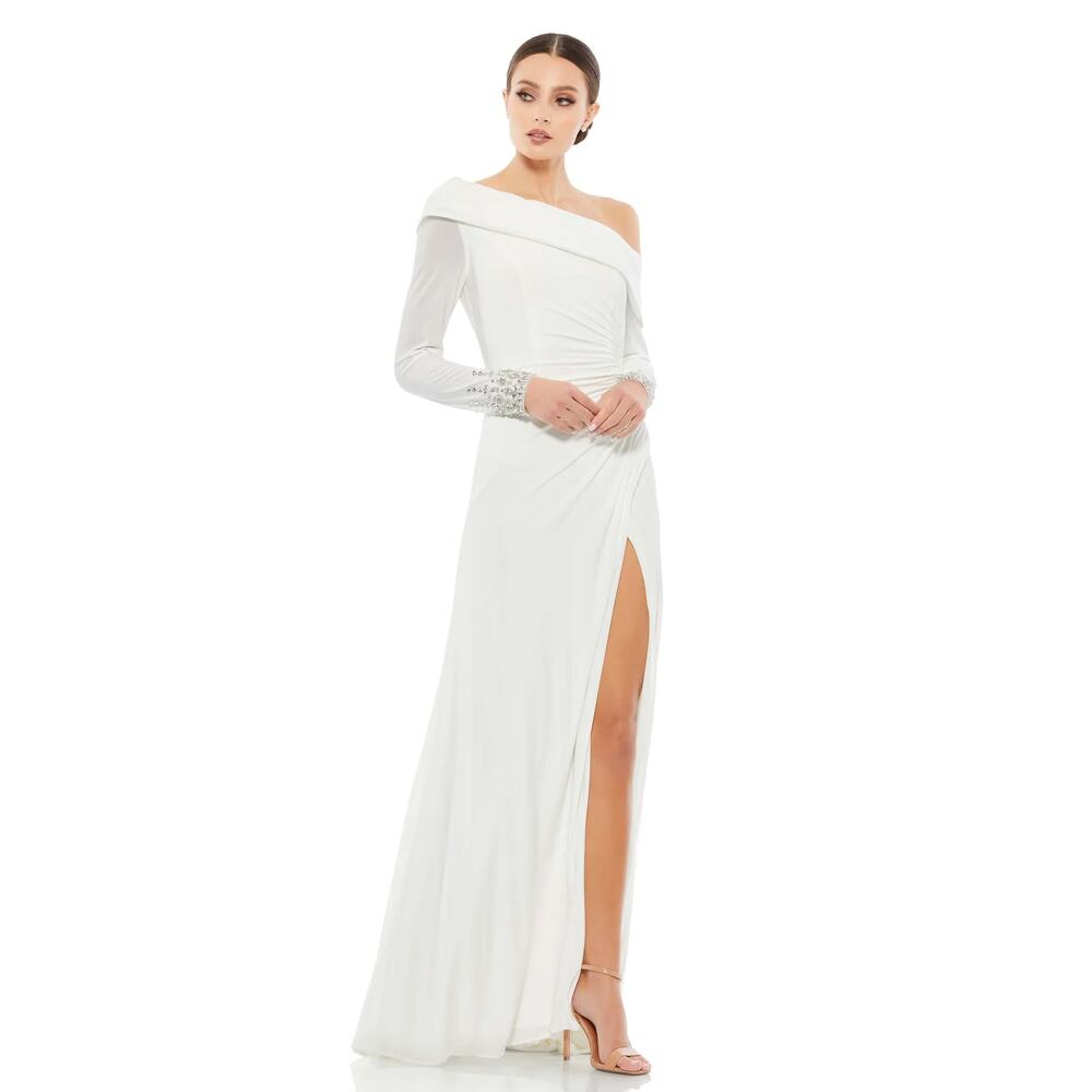 MAC DUGGAL 12231 Beaded Cuff Drop Shoulder Faux Wrap Gown White Padded 14 NEW